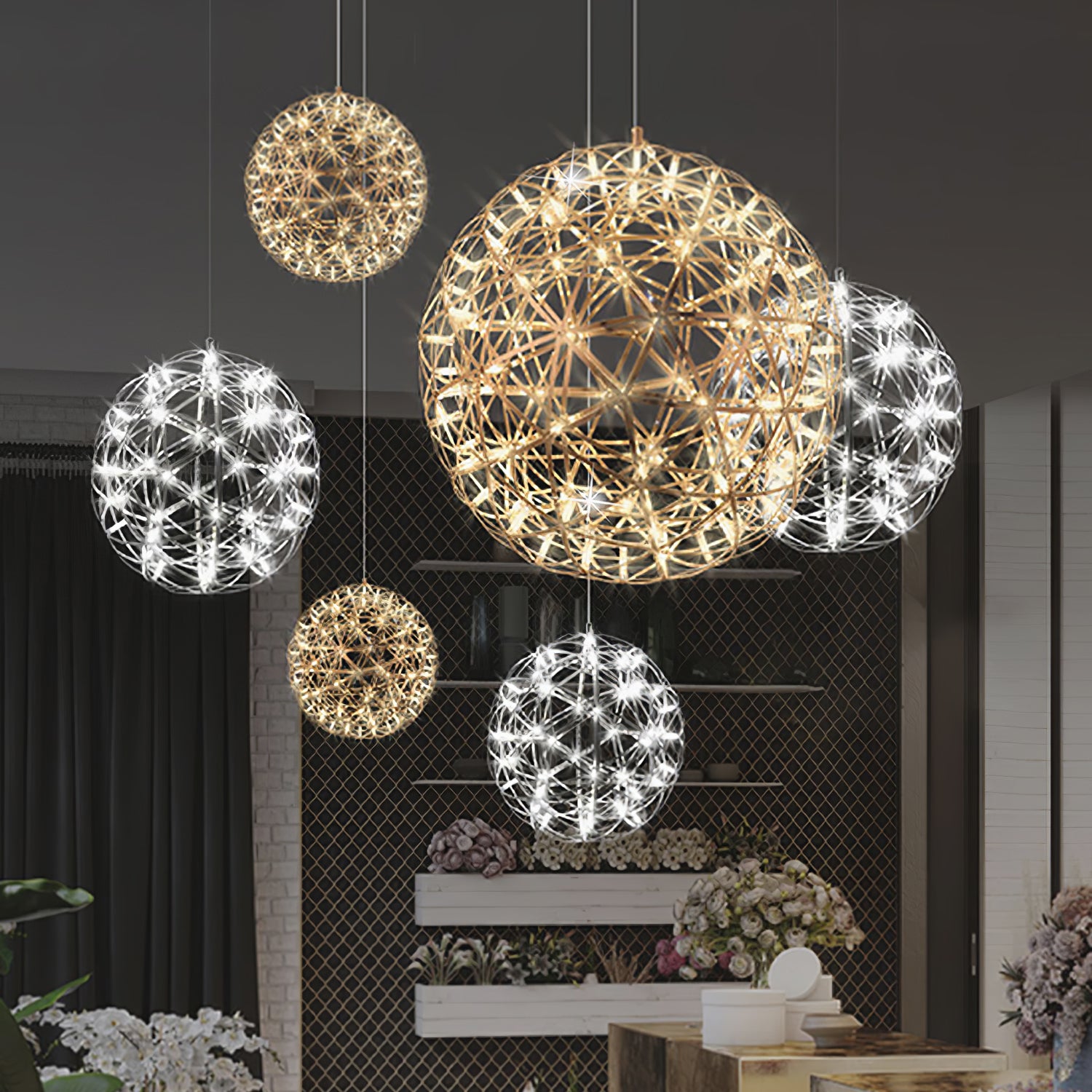 Close display of six lattice globes with warm-looking and cool-looking LED points