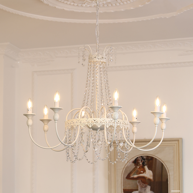Vintage White Metal & Glass Luxury Chandelier Light - Cueteks