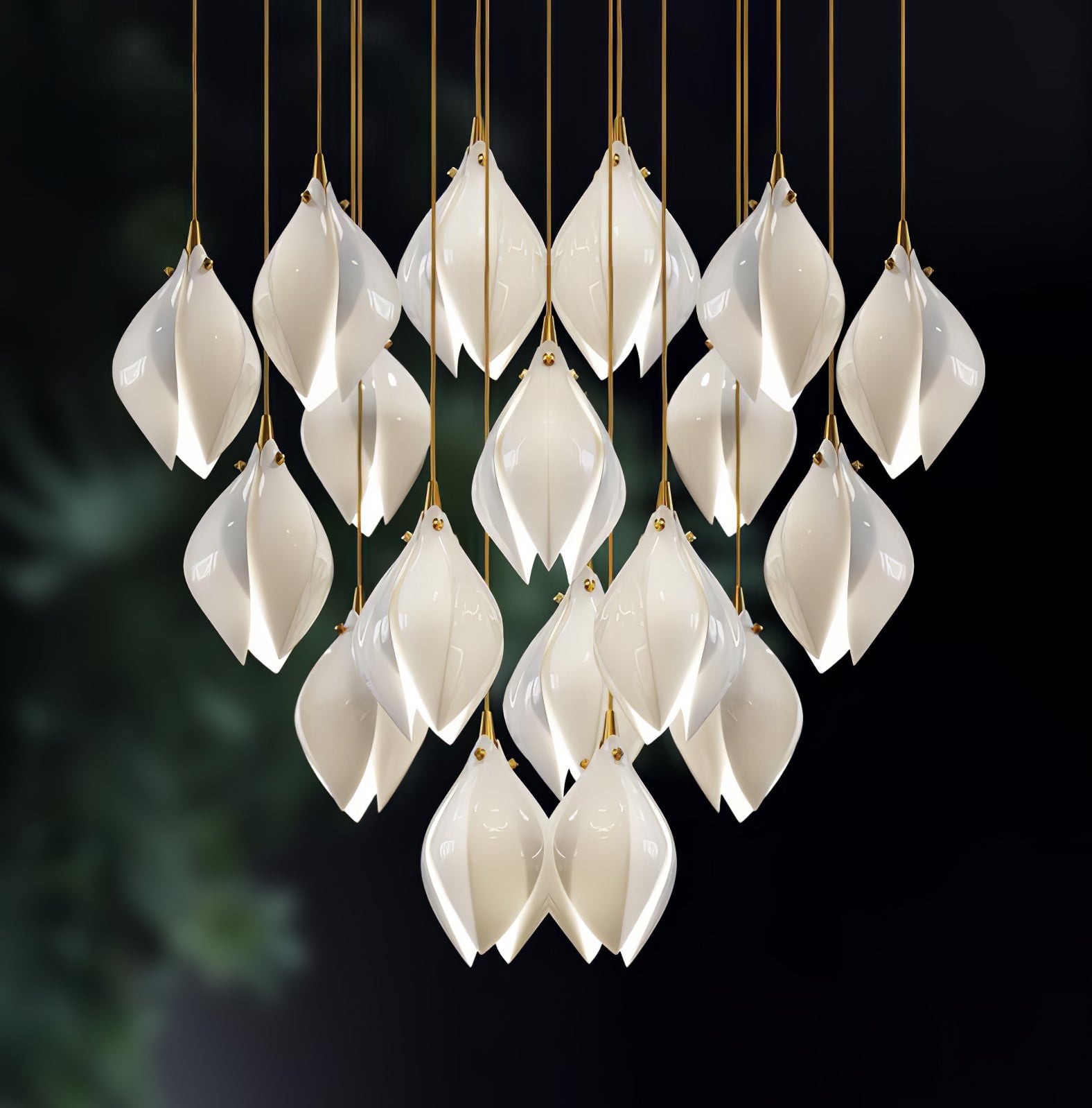 Glossy white petal cluster with gold-tone fasteners against dark green