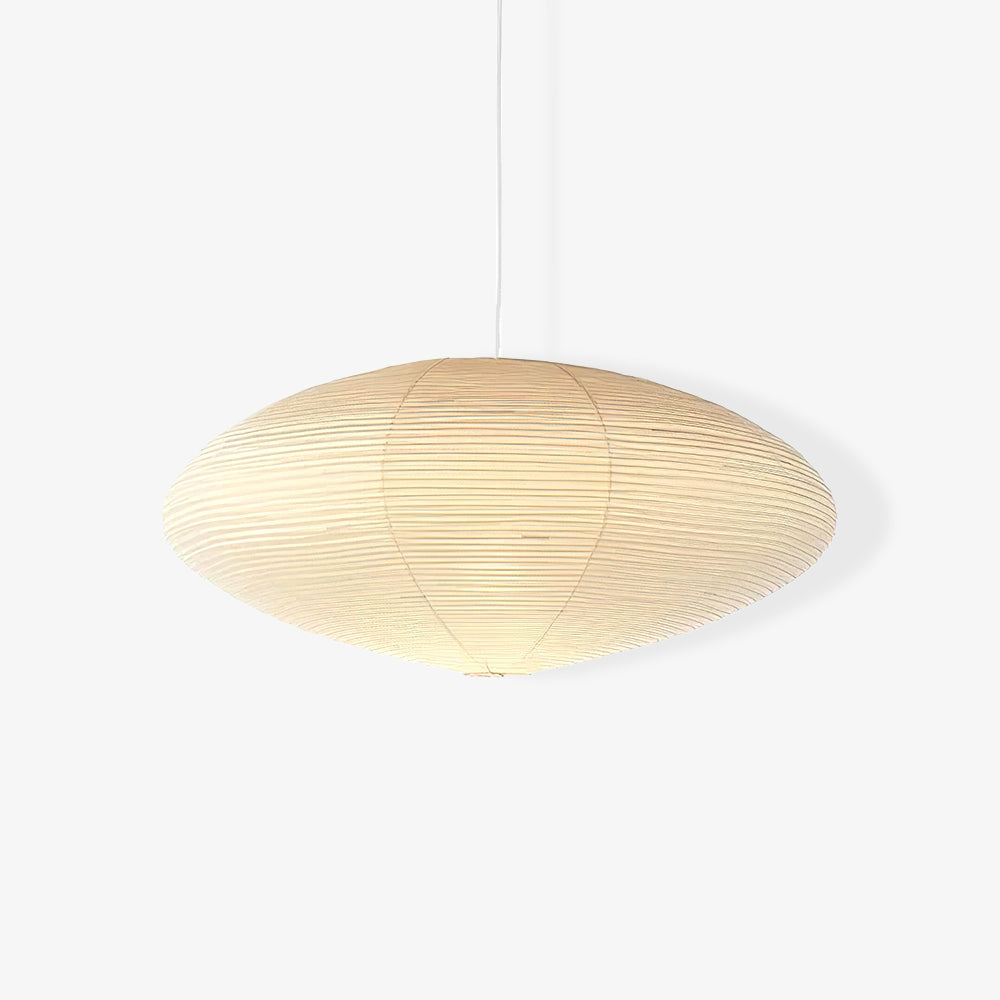 Glowing White flattened paper shade showing curved vertical joins and close horizontal ribs