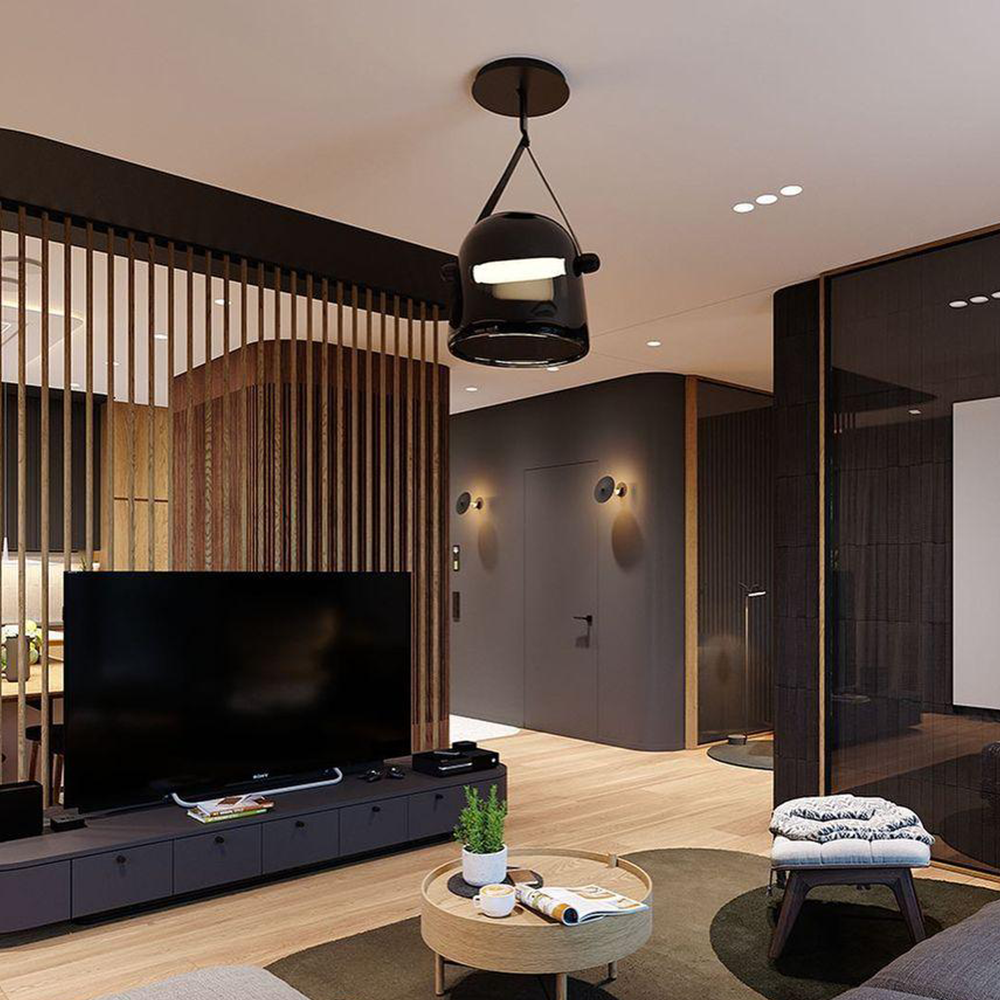 Dark glass pendant with round canopy near a television cabinet, slatted divider and round table