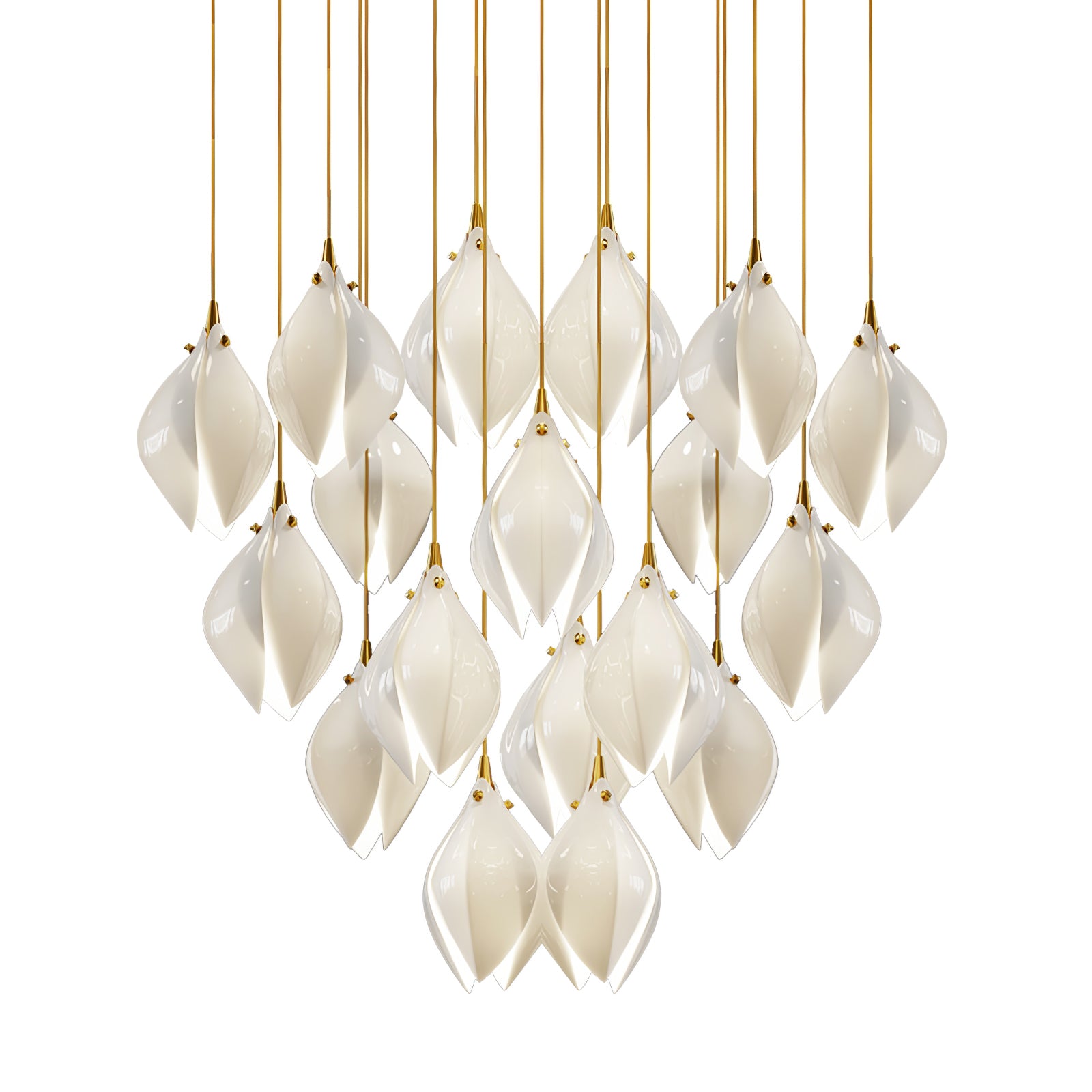 Close glossy white flower-bud cluster on gold-tone cords against white