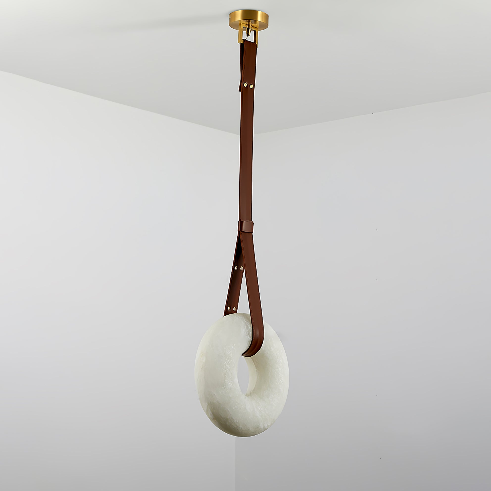 Side view of a vertical ring and long brown strap in a white room corner.