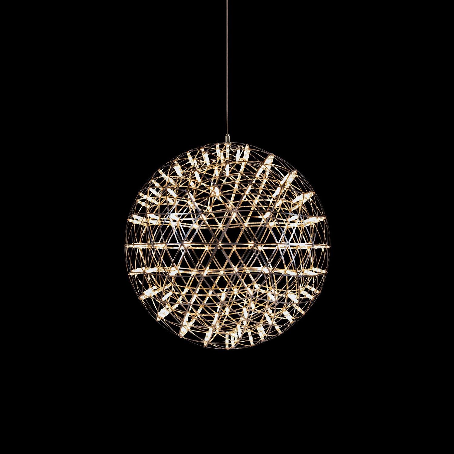 Single glowing lattice globe with numerous LED points and a cord against black