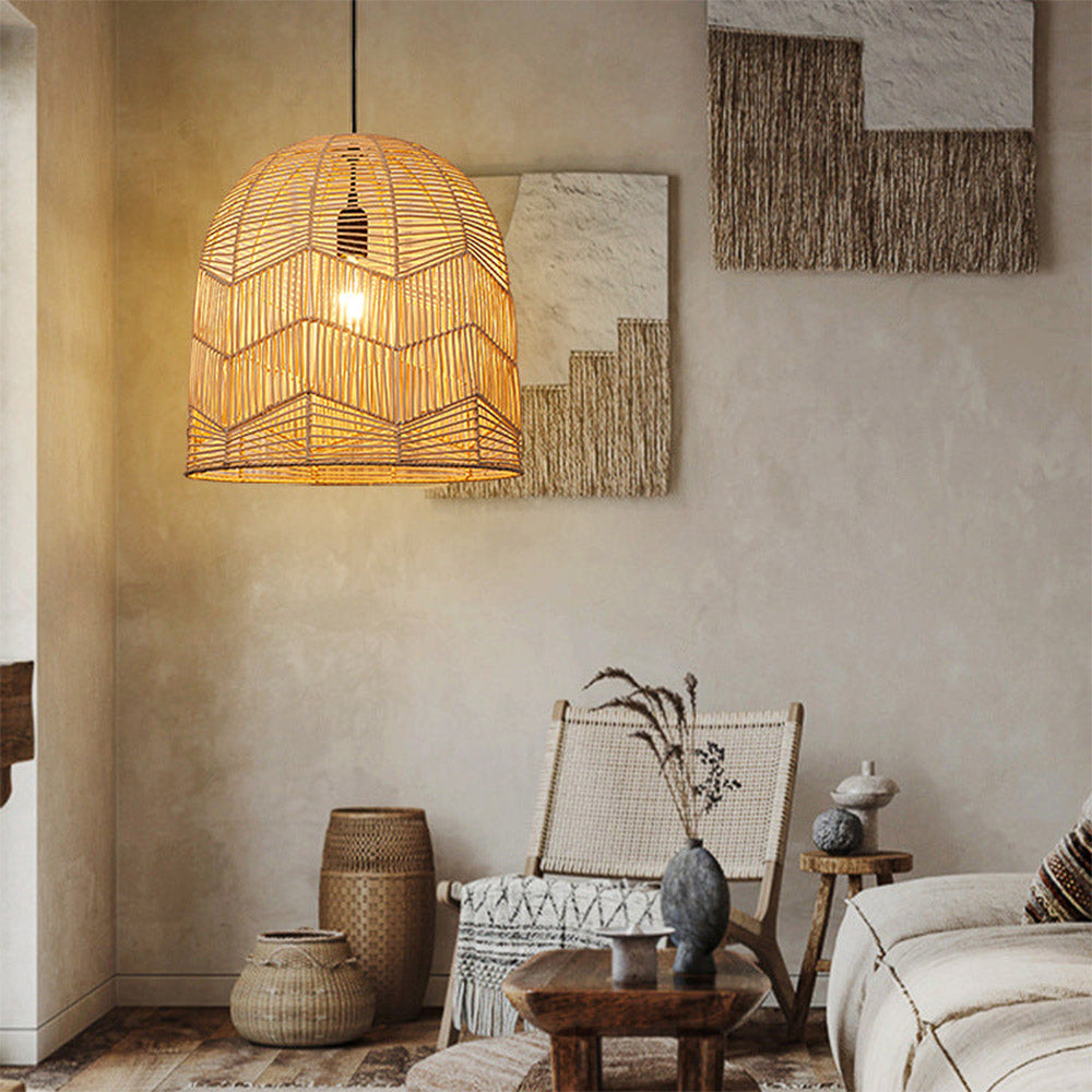 Vintage Handmade Basket Rattan Round Shades Pendant Light - Cueteks