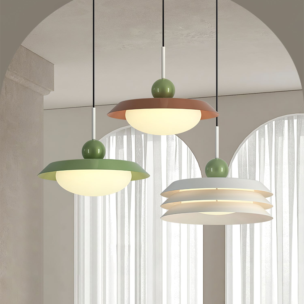 Mixed Morandi group showing red-toned and green single shades beside a white three-tier pendant