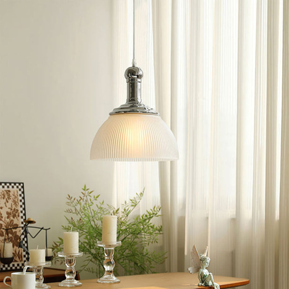 Vintage Glass Ribbed Chrome Pendant Light - Cueteks