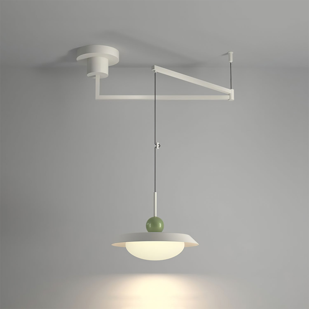 Morandi white single-shade pendant with green sphere on a ceiling arm and end suspension against grey