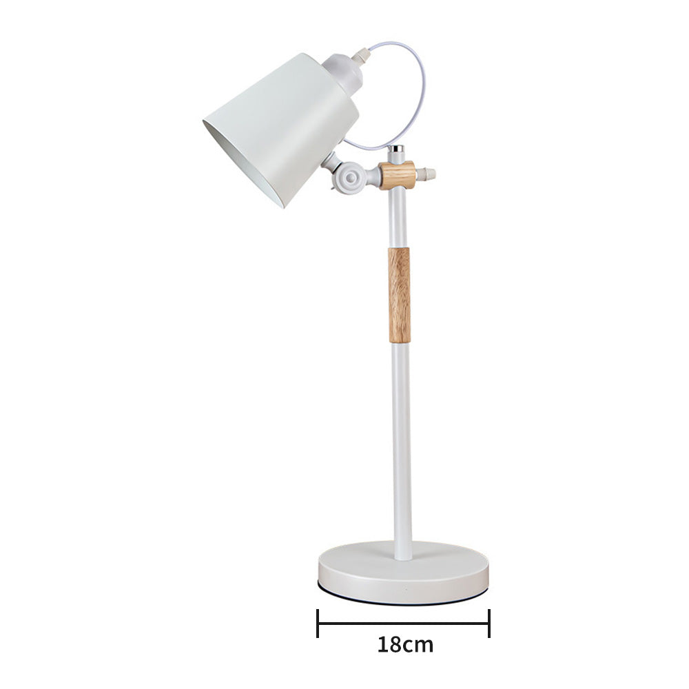 White table lamp diagram marking 18 cm across round base, with angled tapered shade and wood-toned stem sleeve