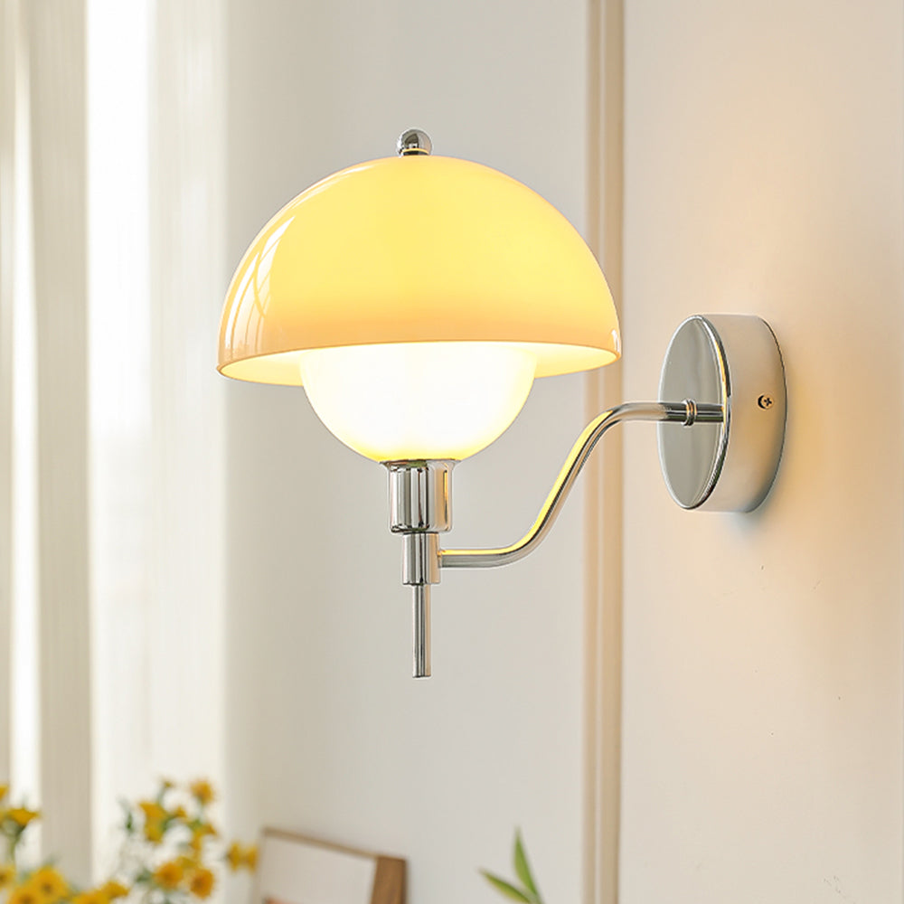 Chrome and Beige mushroom lamp beside curtains and flowers