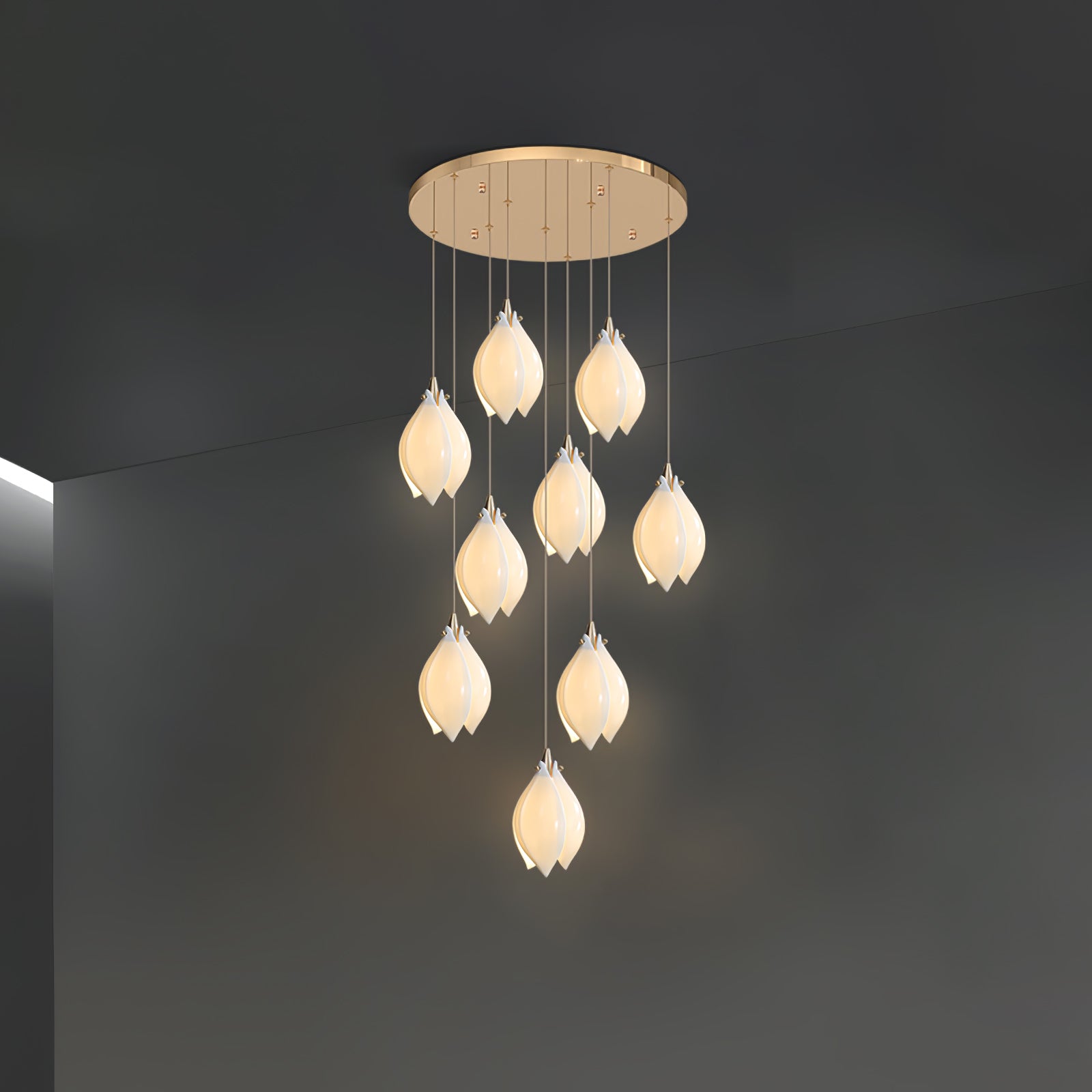 Nine glowing white flower buds below a round gold-tone canopy and dark ceiling