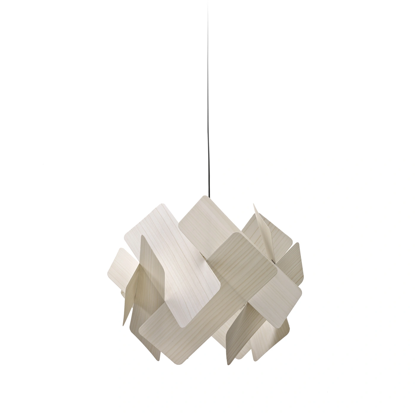 Escape white pendant with overlapping geometric strips shown unlit