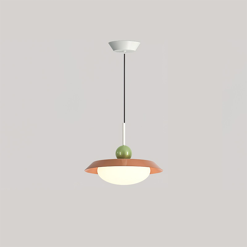 Morandi red-toned single-shade pendant with green sphere and glowing bowl against grey