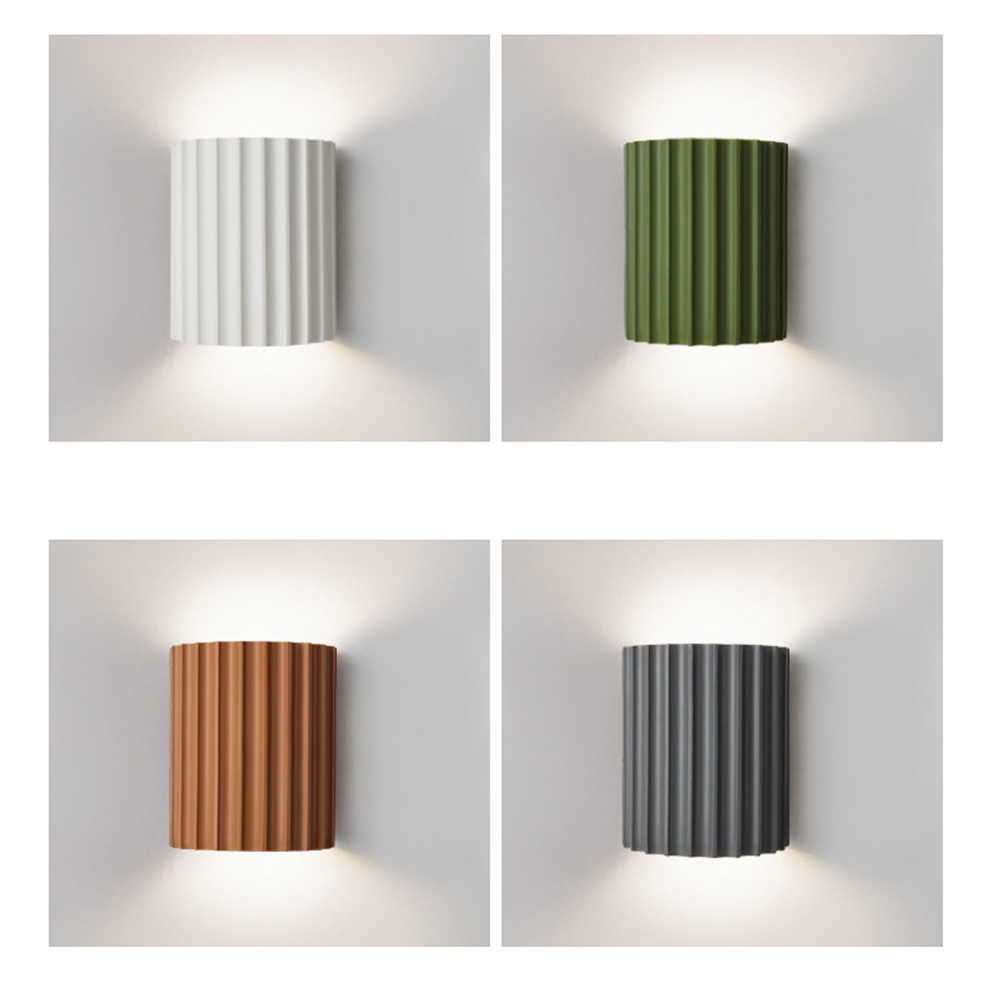 Four-panel comparison of White, Green, Orange and Grey fluted wall-light finishes