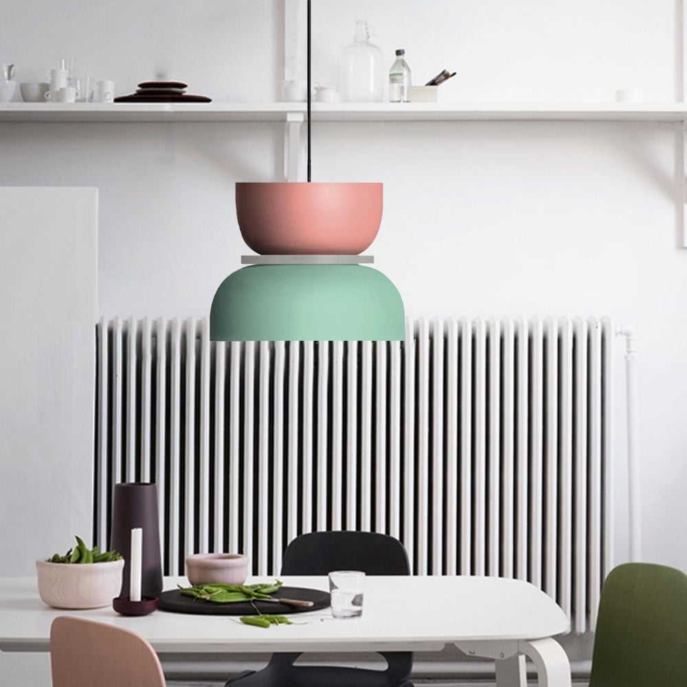 Pink Green option with a shallow pink upper bowl and broad green lower shade above a white dining table