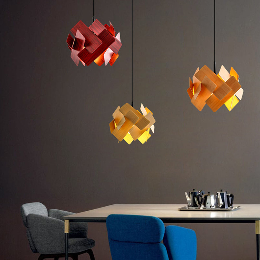 Escape gallery room scene with red, orange and yellow-toned pendants