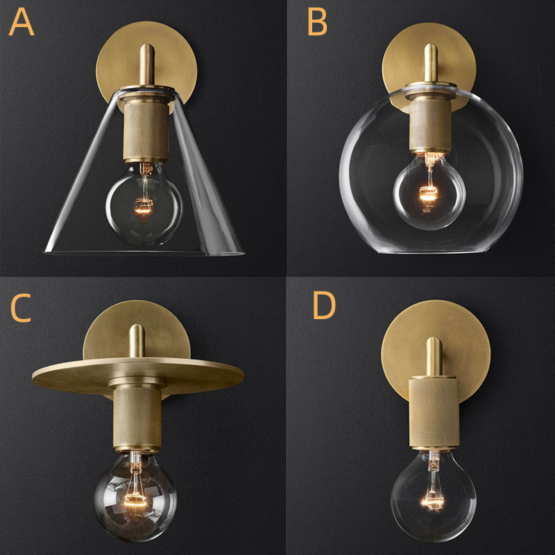 Armed A–D comparison shows cone glass, globe glass, flat disc and exposed-bulb wall-light designs
