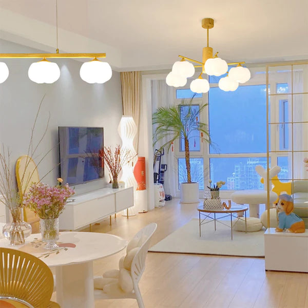 Cream Style Wooden Cotton Balls Chandelier For Living Room - Cueteks