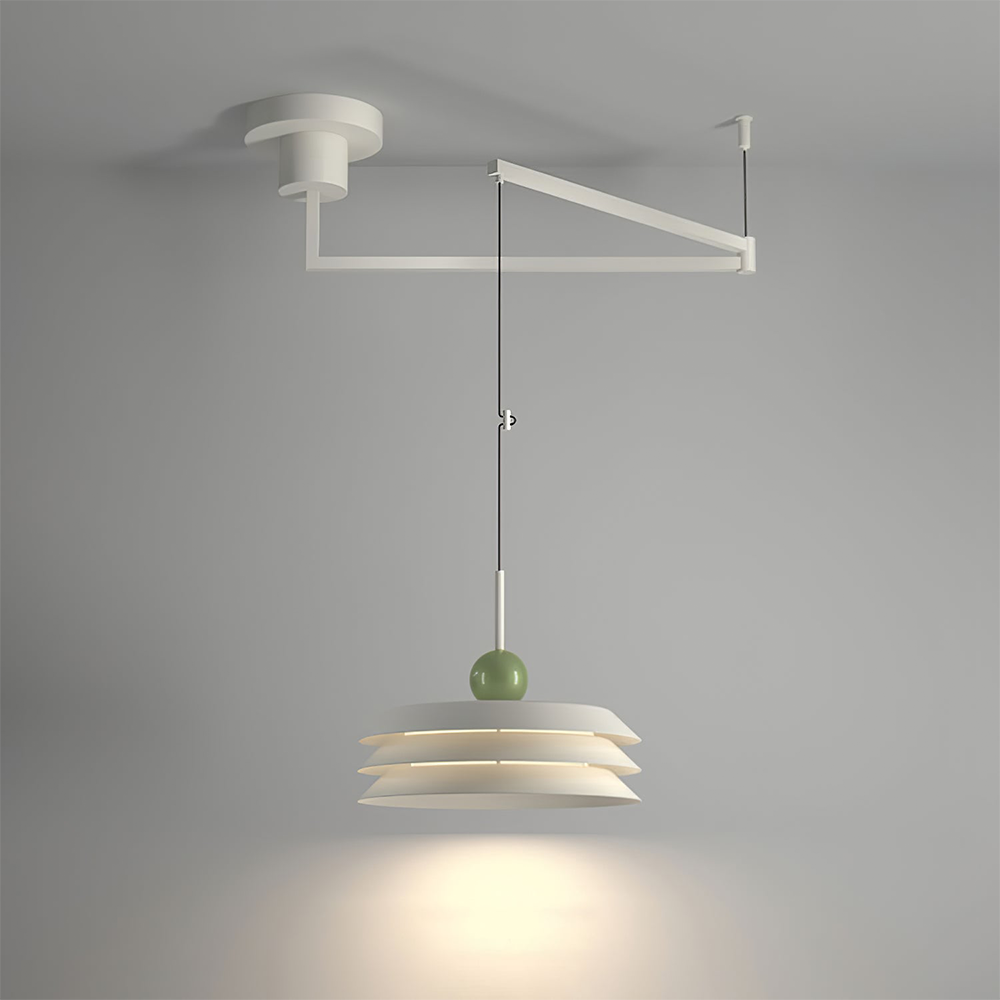 Morandi white three-tier pendant with green sphere on a white ceiling arm and additional end suspension against grey
