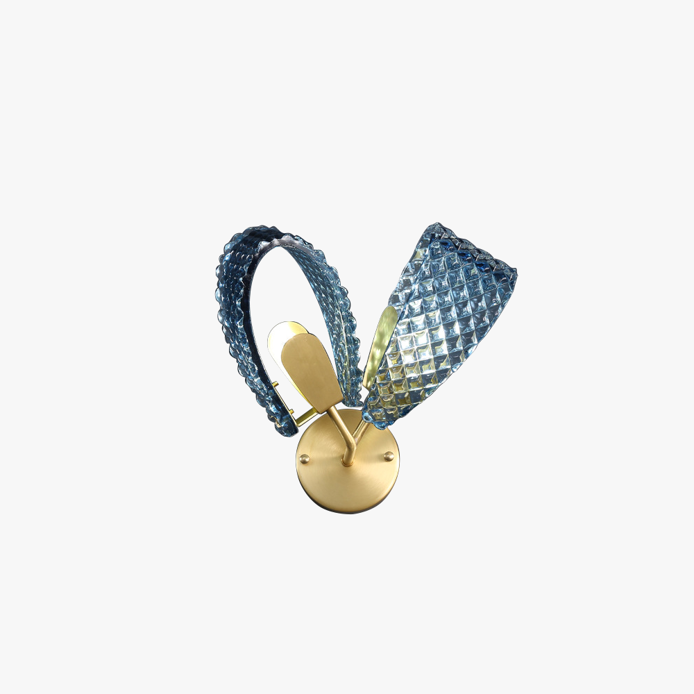 Isolated two-loop blue glass wall light with diamond texture, gold-tone plate and curved arms on white