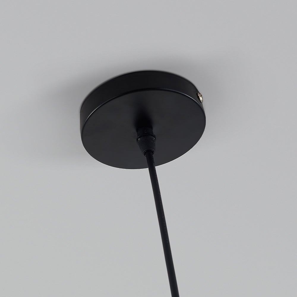 Close-up of a round black ceiling canopy with a central cord entry and a visible side screw