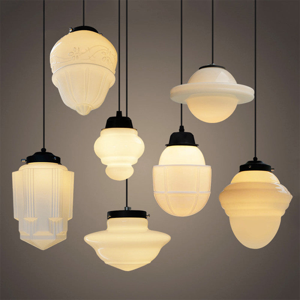 Retro Milk White Glass Geometric Jar Pendant Light - Cueteks