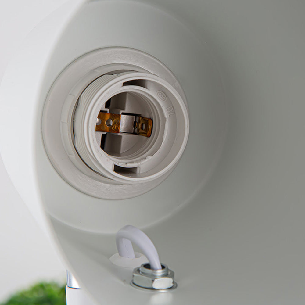 White shade underside showing empty screw socket, contacts, collar and cable entering through metal nut