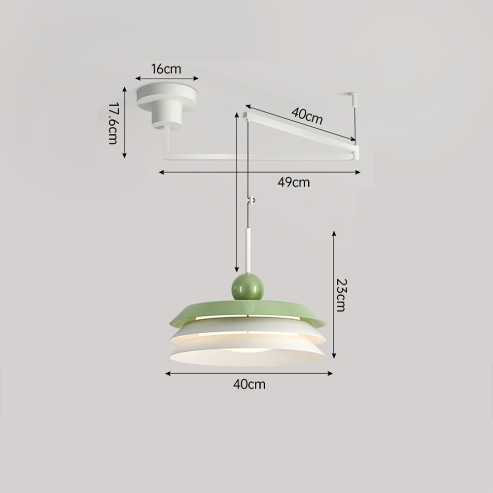 Morandi three-tier arm drawing: 49 cm span, 40 cm member and shade, 23 cm head, 16 cm canopy and 17.6 cm upper assembly