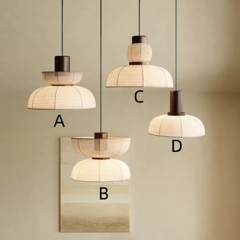 Wabi-sabi pendant comparison labelled A, B, C and D with different stacked shade profiles