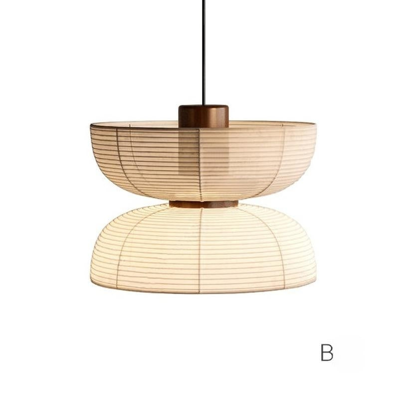 Pendant labelled B with a broad upper bowl and lower dome around dark central fittings