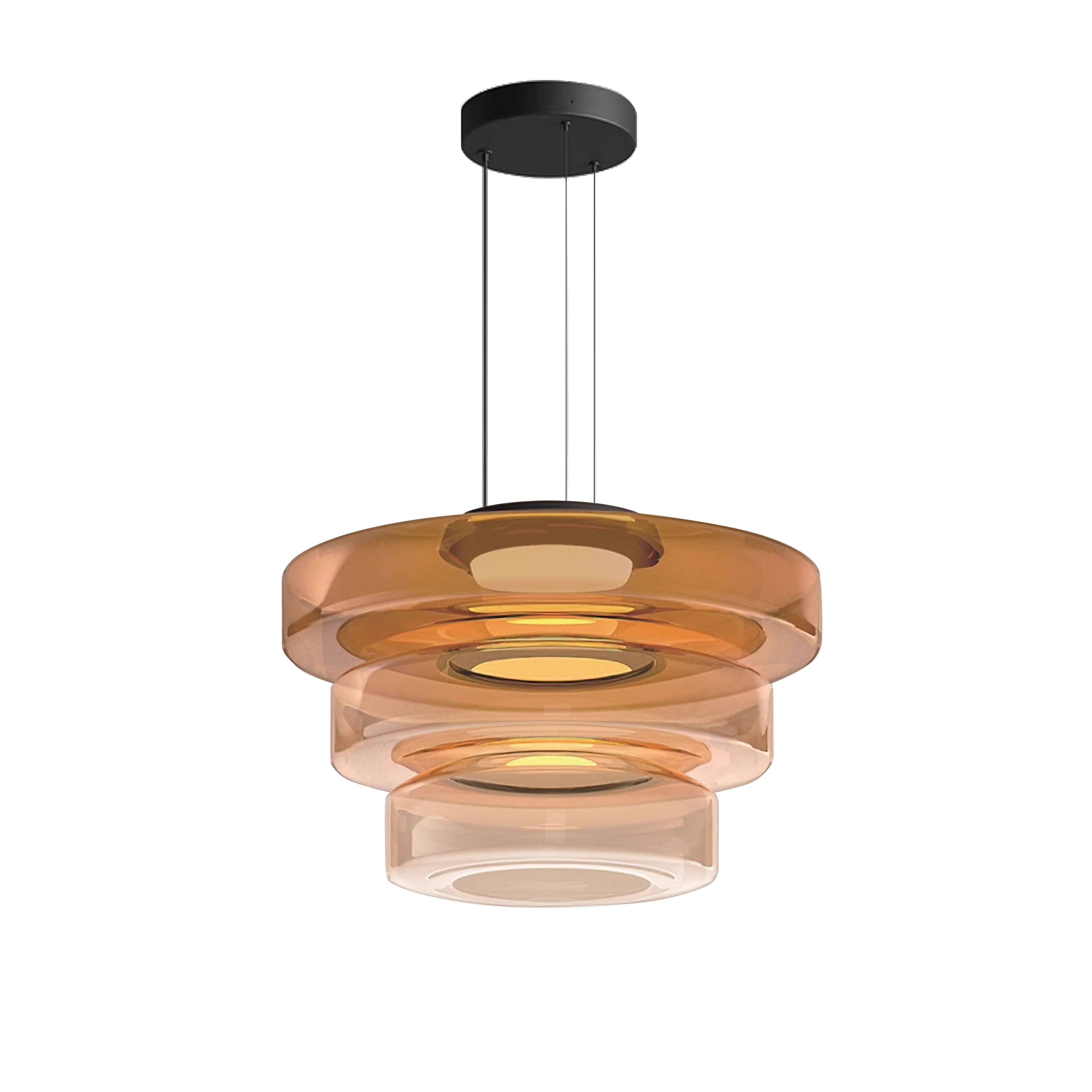 Amber three-tier stepped glass pendant with a black ceiling canopy, isolated on white