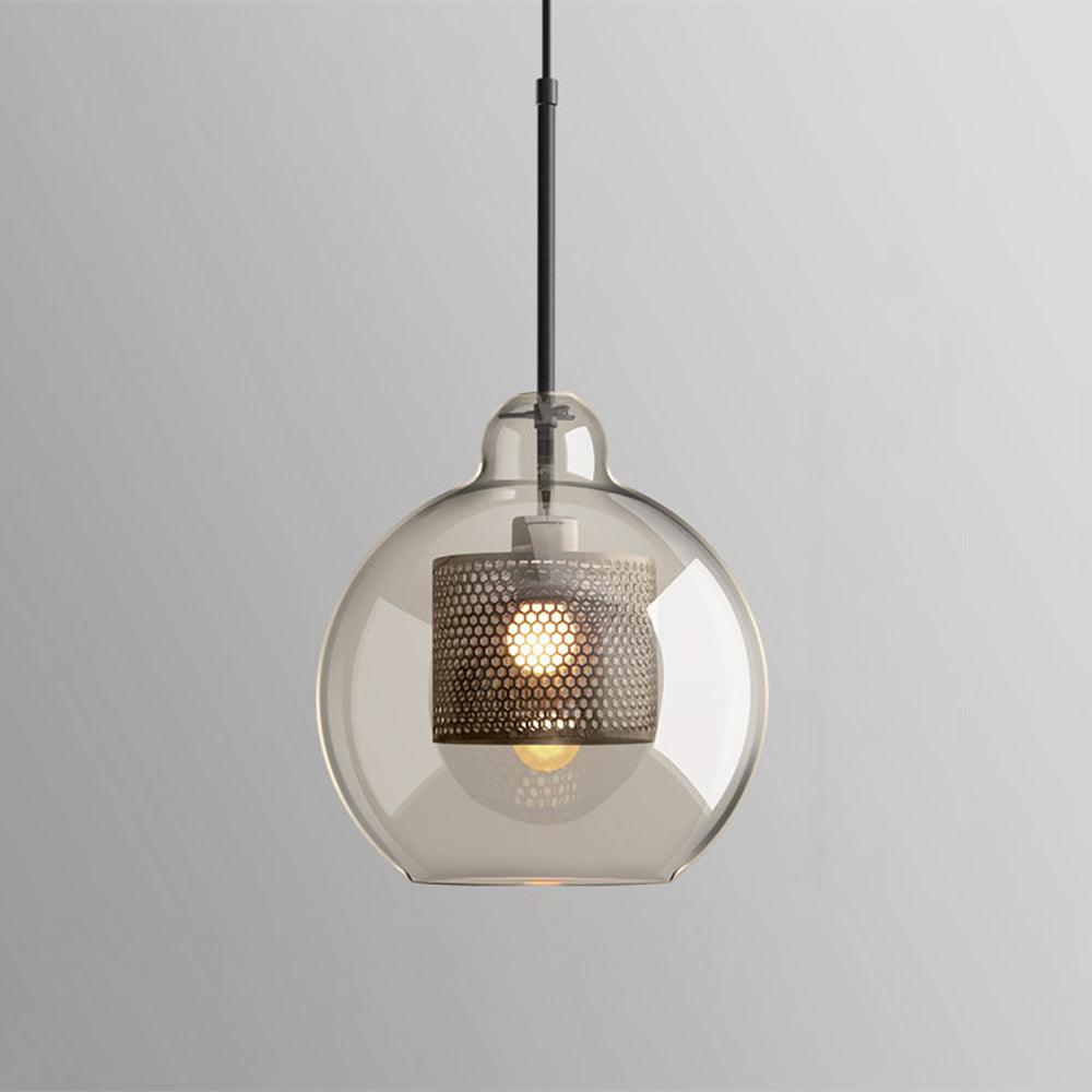Chiswick Pear pendant light with amber glass and a black perforated inner shade