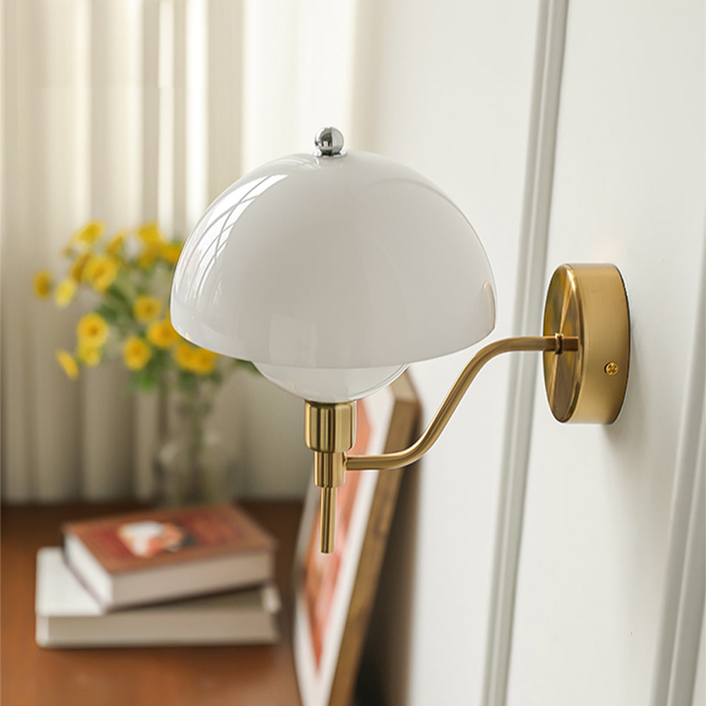 White glass mushroom shade with gold-coloured wall plate