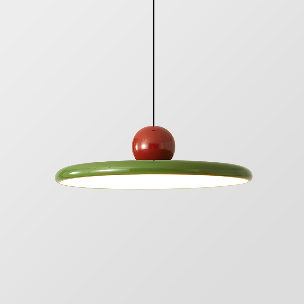 Lola green disc pendant with white lower diffuser and red sphere
