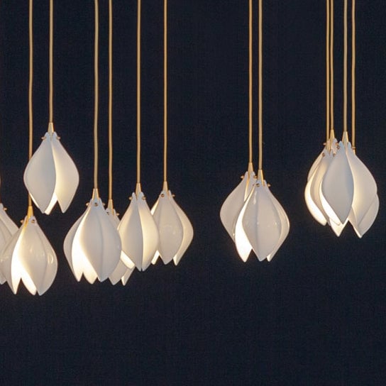 Cropped glowing white flower buds and gold-tone cords against dark blue