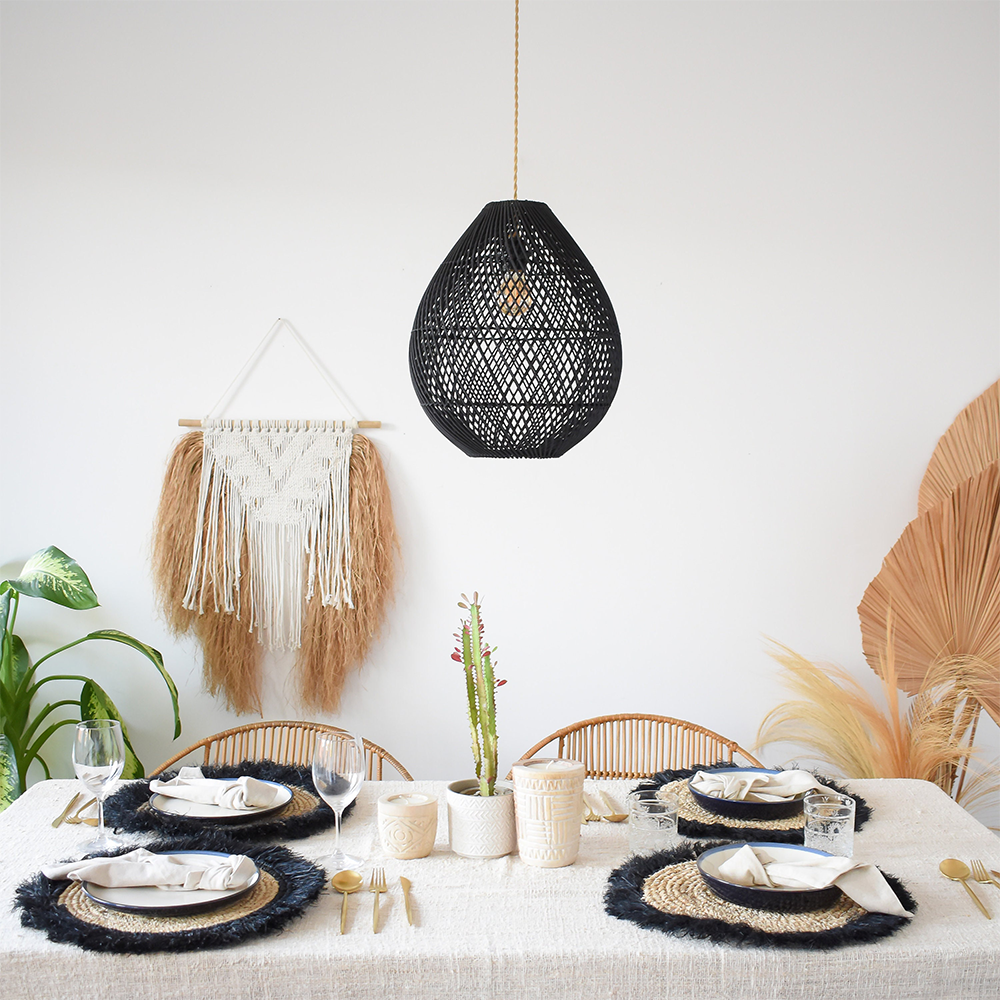 Boho Rattan Handwoven Black Pendant Light - Cueteks