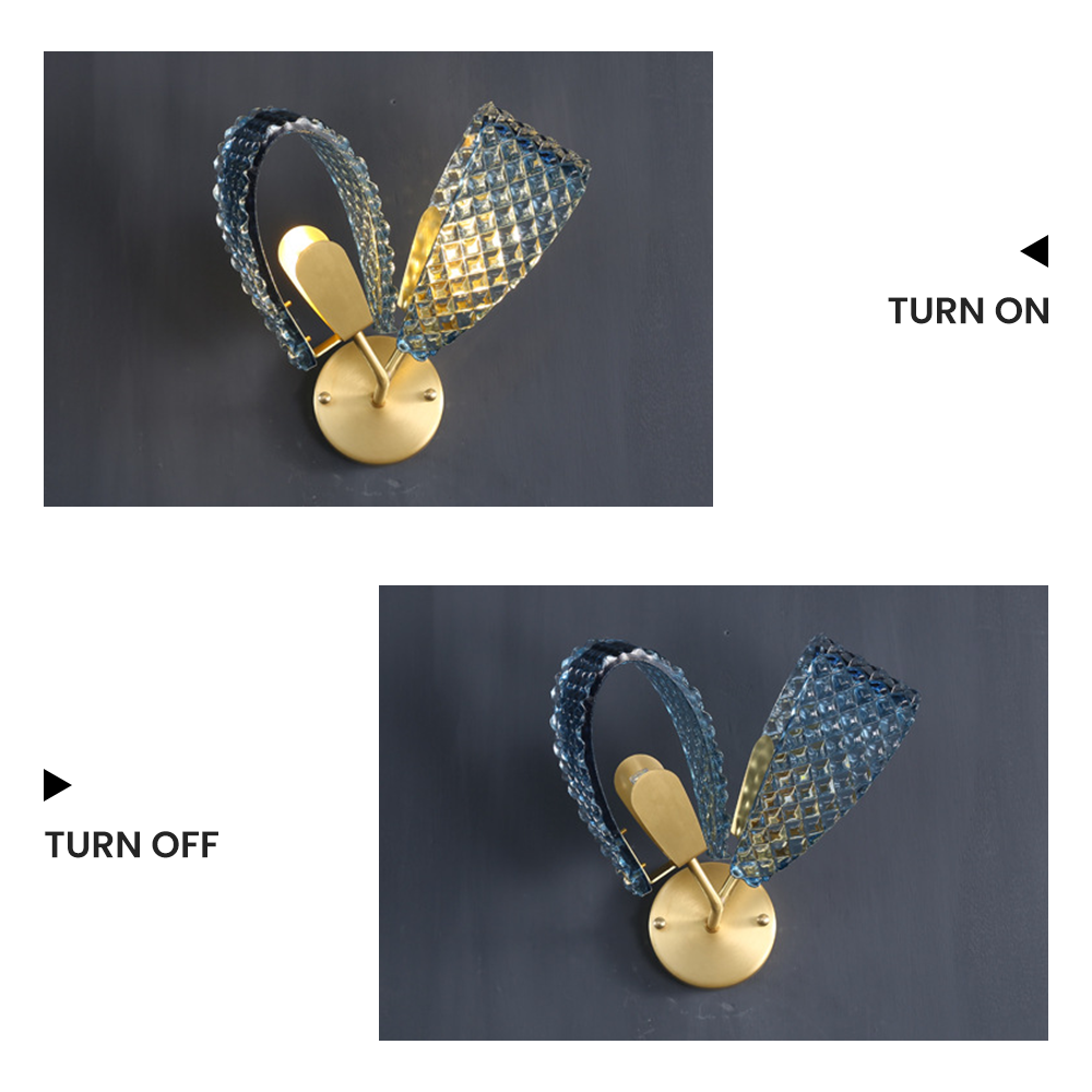 TURN ON and TURN OFF comparison of the diamond-textured two-loop blue glass wall light