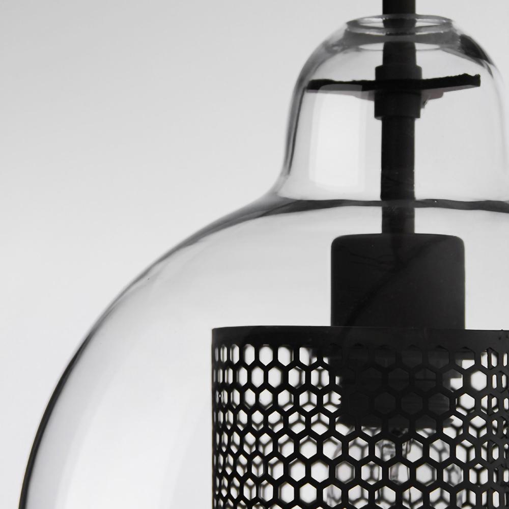Close-up of glass neck and black inner metal shade