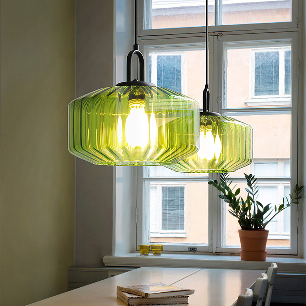 Pair of green glass pendants with separate suspension cords