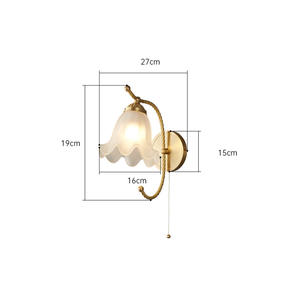 Curled-arm light diagram with 27 cm span, 19 cm arm height, 16 cm shade and 15 cm round plate; chain below