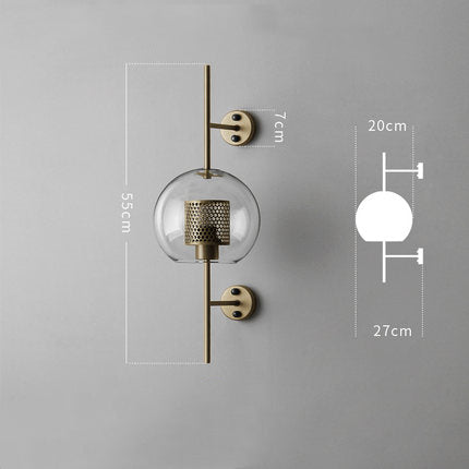 Globe sconce diagram with 55 cm height, 7 cm plate measure, 20 cm upper offset and 27 cm full side projection