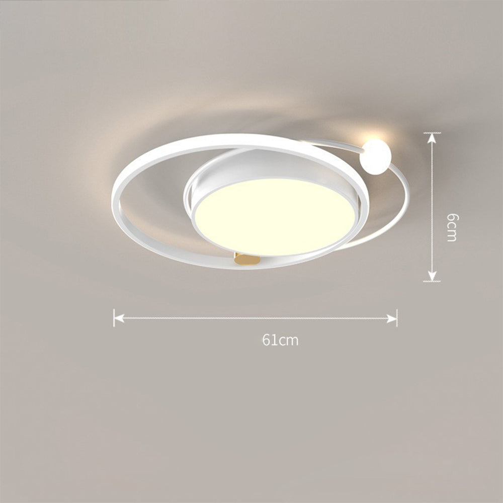White ceiling fixture diagram with orbital rings, small sphere, gold-tone connector and 61 cm and 6 cm labels