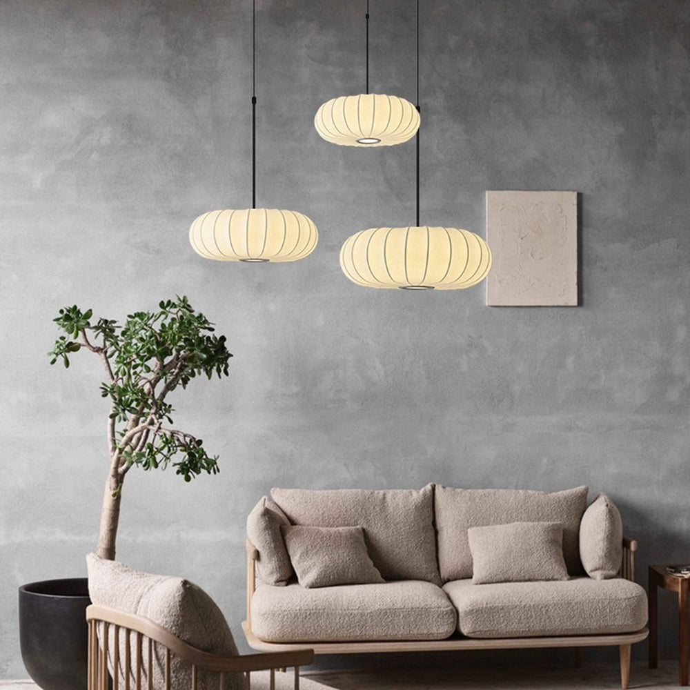 Wabi-Sabi White Fabric Drum Pendant Light - Cueteks