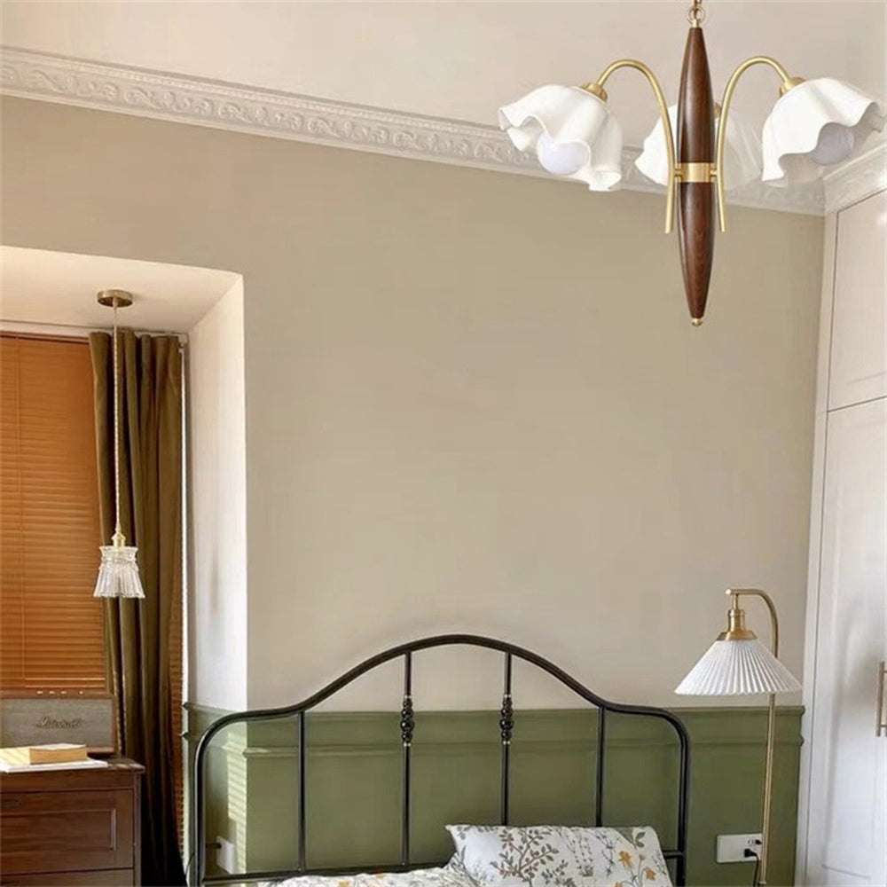 Vintage Ceramic Flower Shape Hanging Light Walnut Brass Chandelier - Cueteks