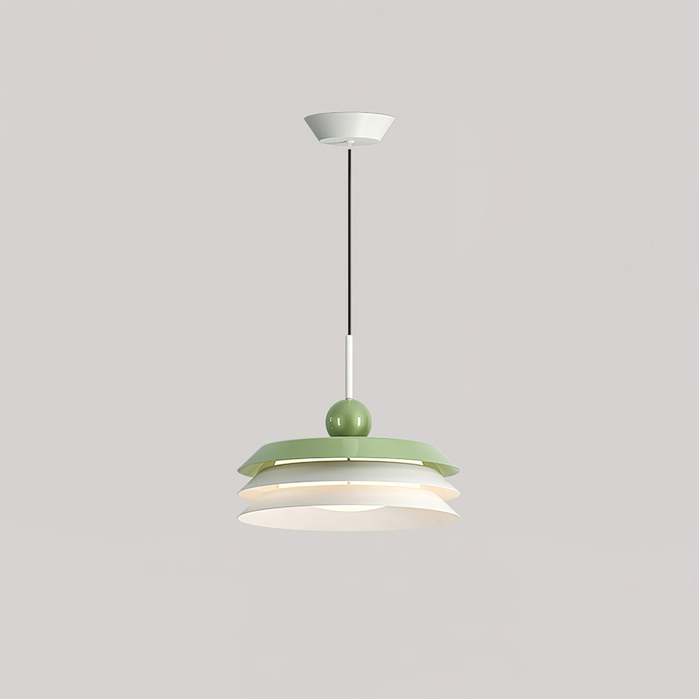 Morandi green-top three-tier pendant with pale lower tiers, green sphere and straight suspension against grey