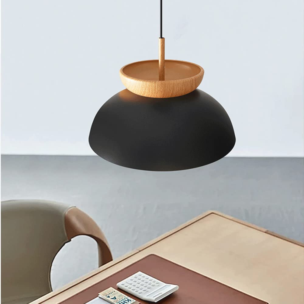 Black pendant with a domed metal shade and bowl-shaped wood top
