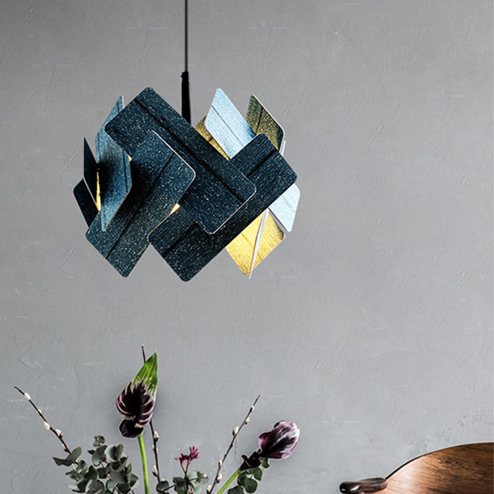 Escape blue geometric pendant light with overlapping strips in a room