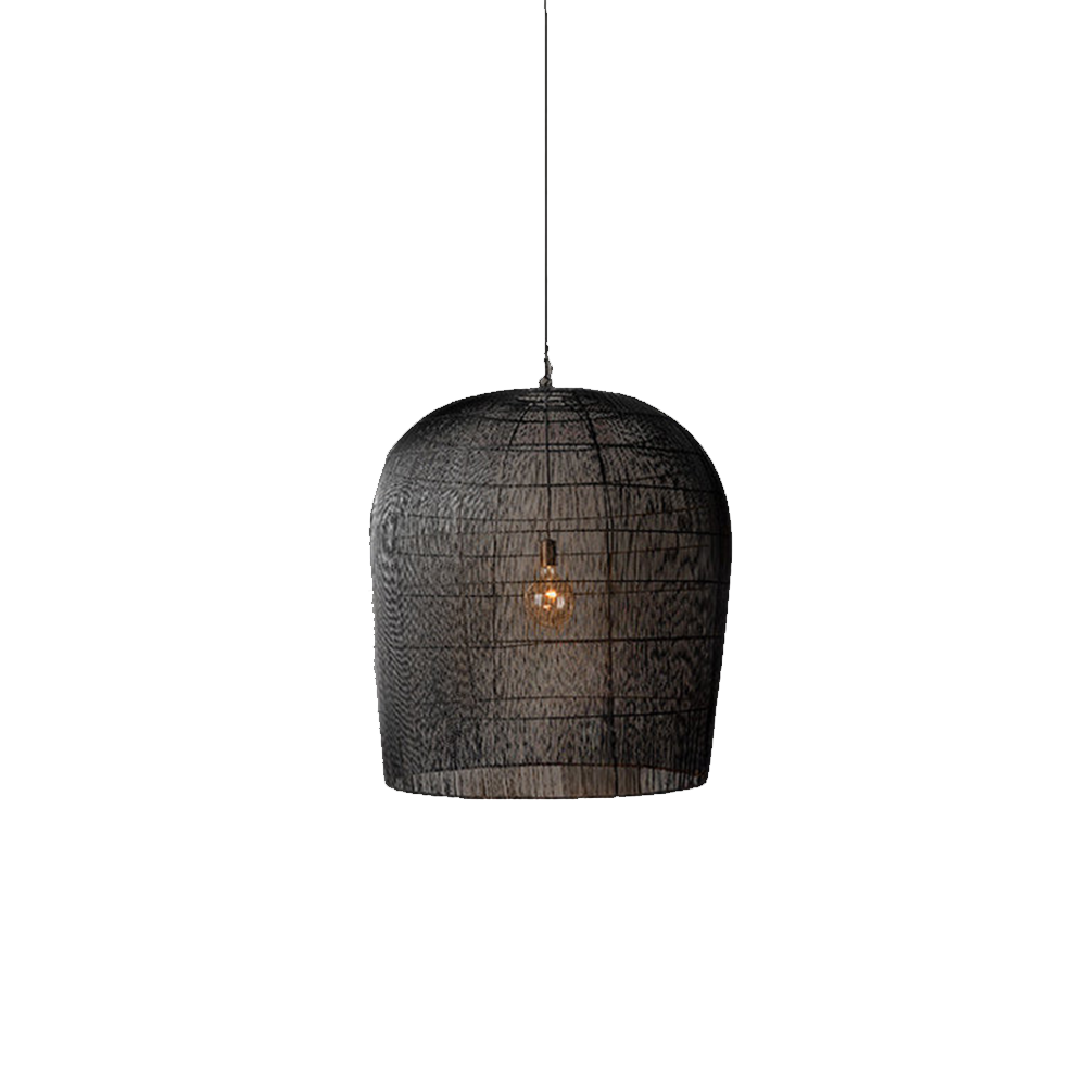 Black woven rattan pendant with light visible through the shade