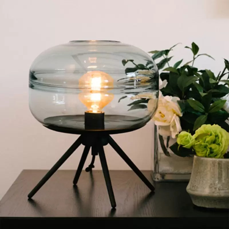 Pale blue-tinted rounded glass lamp glowing on a dark sideboard beside a flower vase and small plant