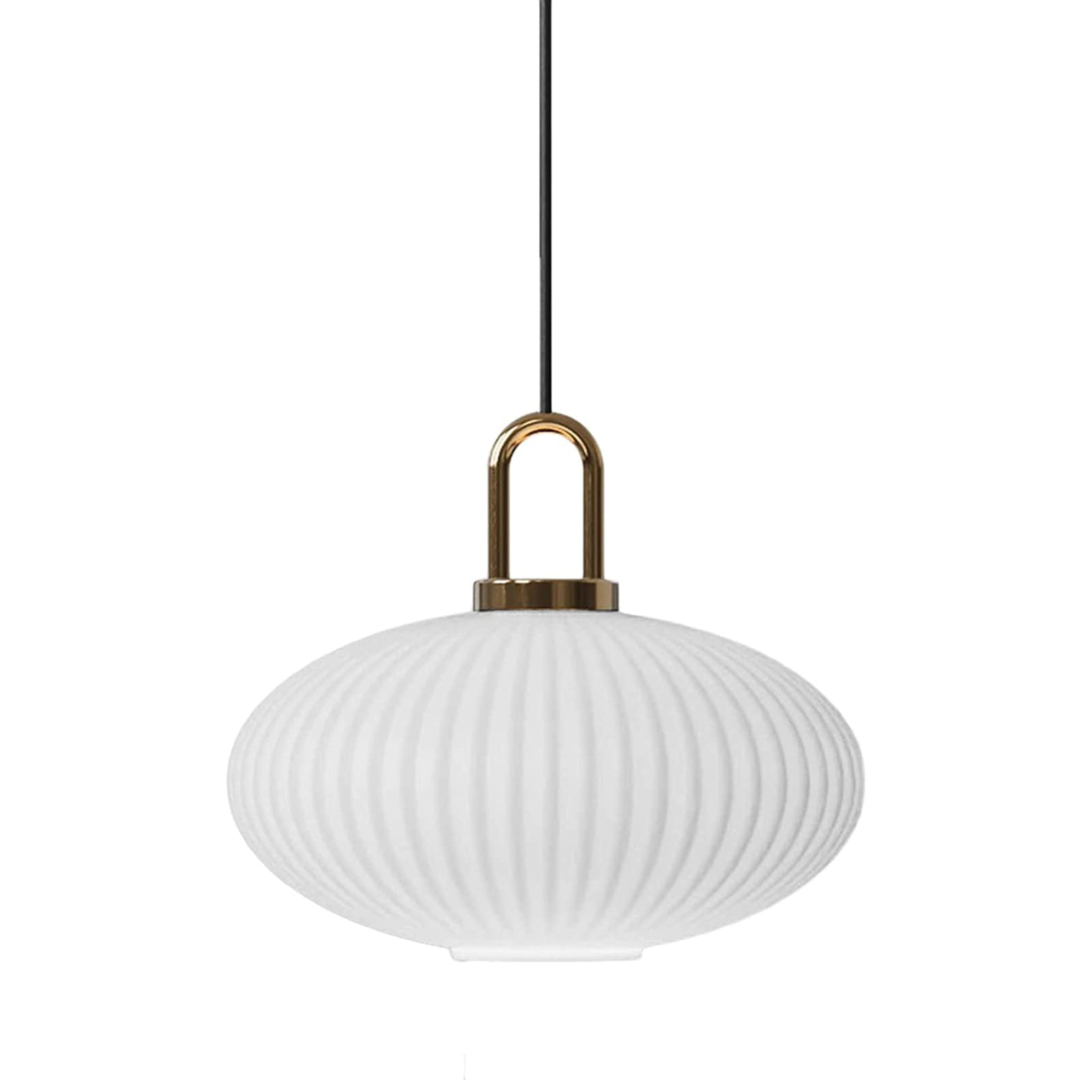 Wide flattened white ribbed glass shade without bright illumination, with a gold-tone loop
